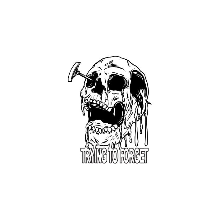 Doomscroll Sticker Sheet sticker of a skull with a lobotomy tool in its eye and the words trying to forget below in white